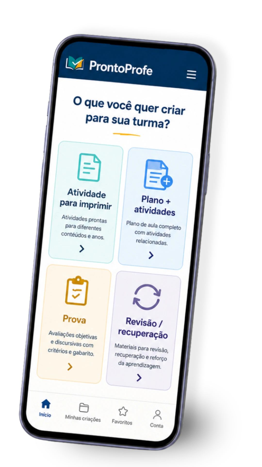 Tela inicial do ProntoProfe no celular