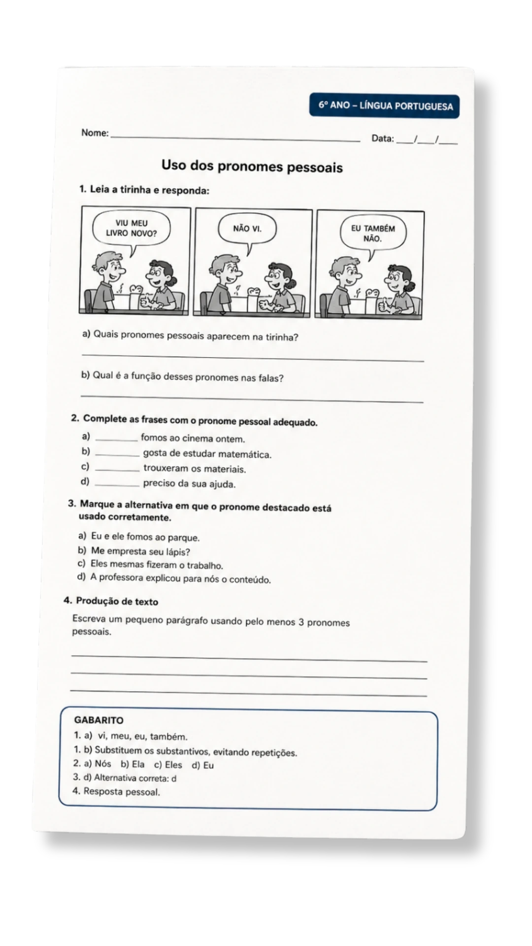 Atividade de Língua Portuguesa sobre pronomes pessoais
